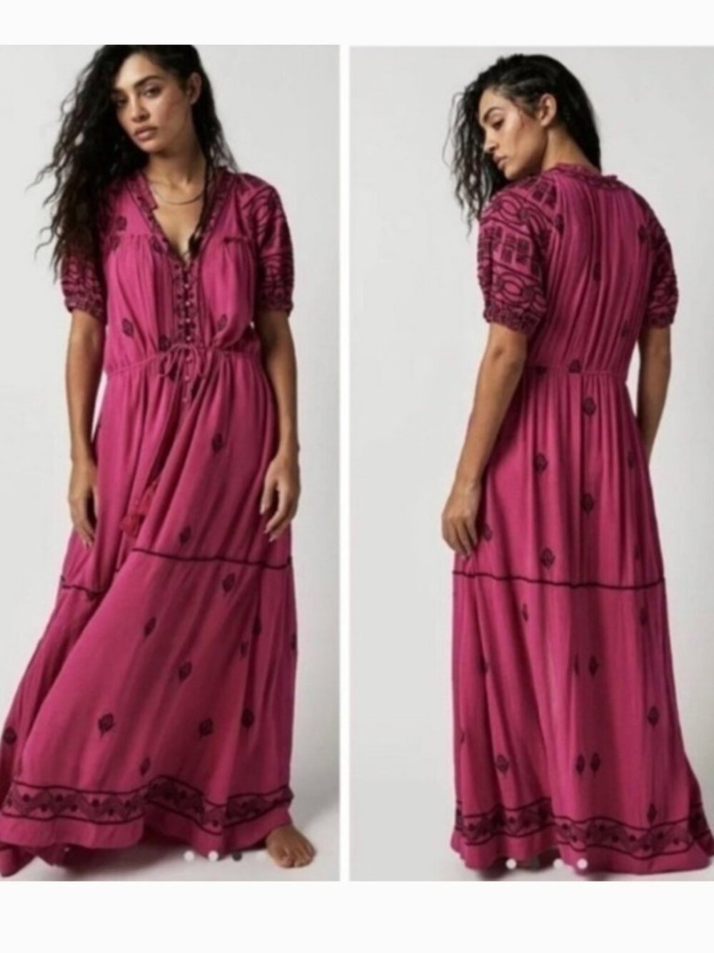 Free People Riley Embroidered Maxi Dress/Duster in Fuchsia Hollyhock; Size XL